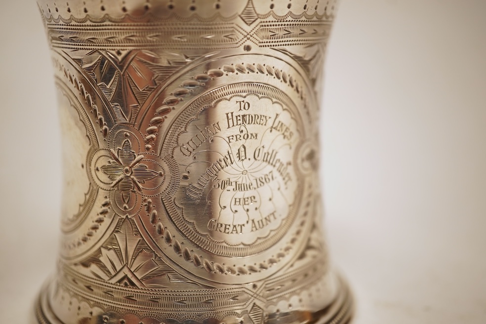 A Victorian bright cut engraved silver christening mug, of waisted form, with engraved inscription and beaded handle, Samuel Roberts & Charles Belk, Sheffield, 1867, 82mm, 5.2oz.